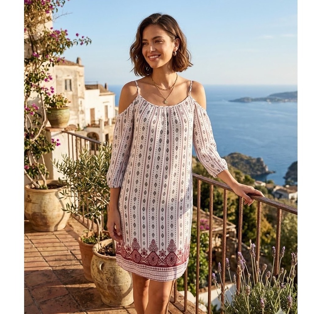 Pink Rose Cold Shoulder Boho Print Shift Dress White Red Small Western
